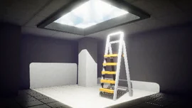 A small room with a skylight ceiling window that looks like a fake sky. A ladder leads up into the surreal sky. Dreamcore style.