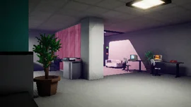 A potted plant in a liminal office, an oldschool computer on a desk, a bright magenta light and window in the back in front of some more office tables and a couch.